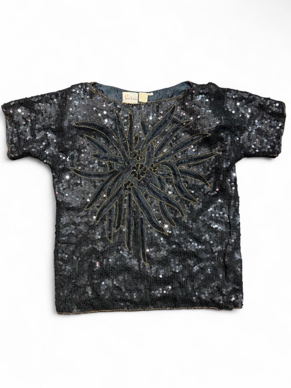 1980s Vintage Sarin New York Black Sequin Silk Top